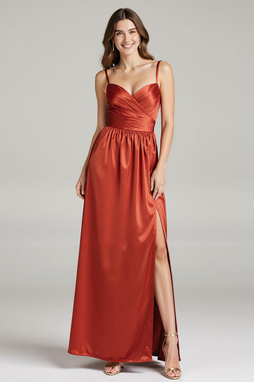 Burunt Orange Spaghetti Straps Robe longue formelle froncée avec fente